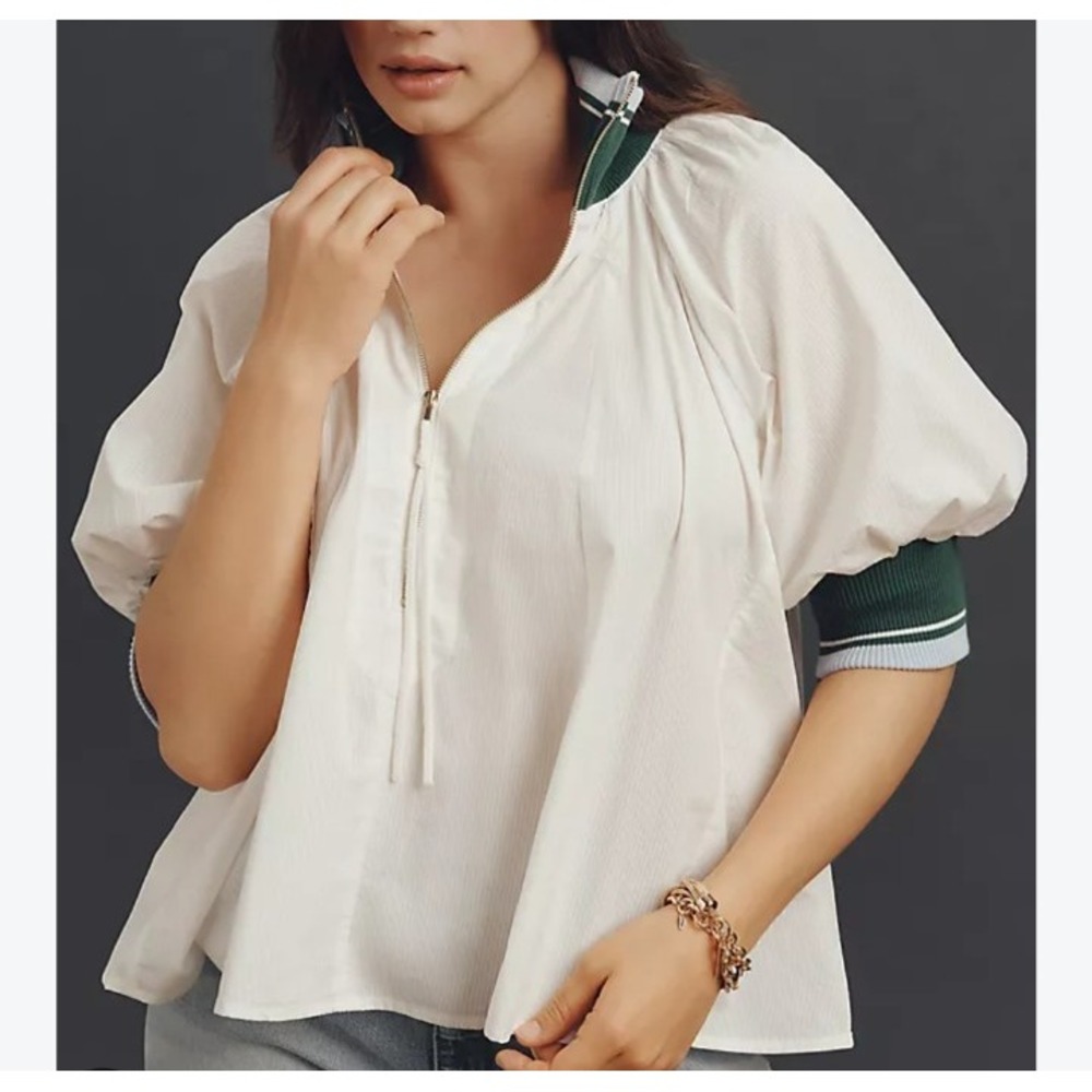 Anthropologie Maeve Half Zip Puff SLeeve sporty Henley Blouse White Green Small